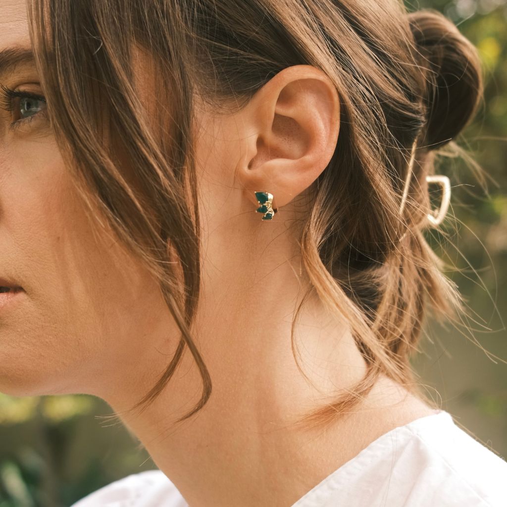 pear cut green onyx 9ct gold huggie earrings by Thor Collective