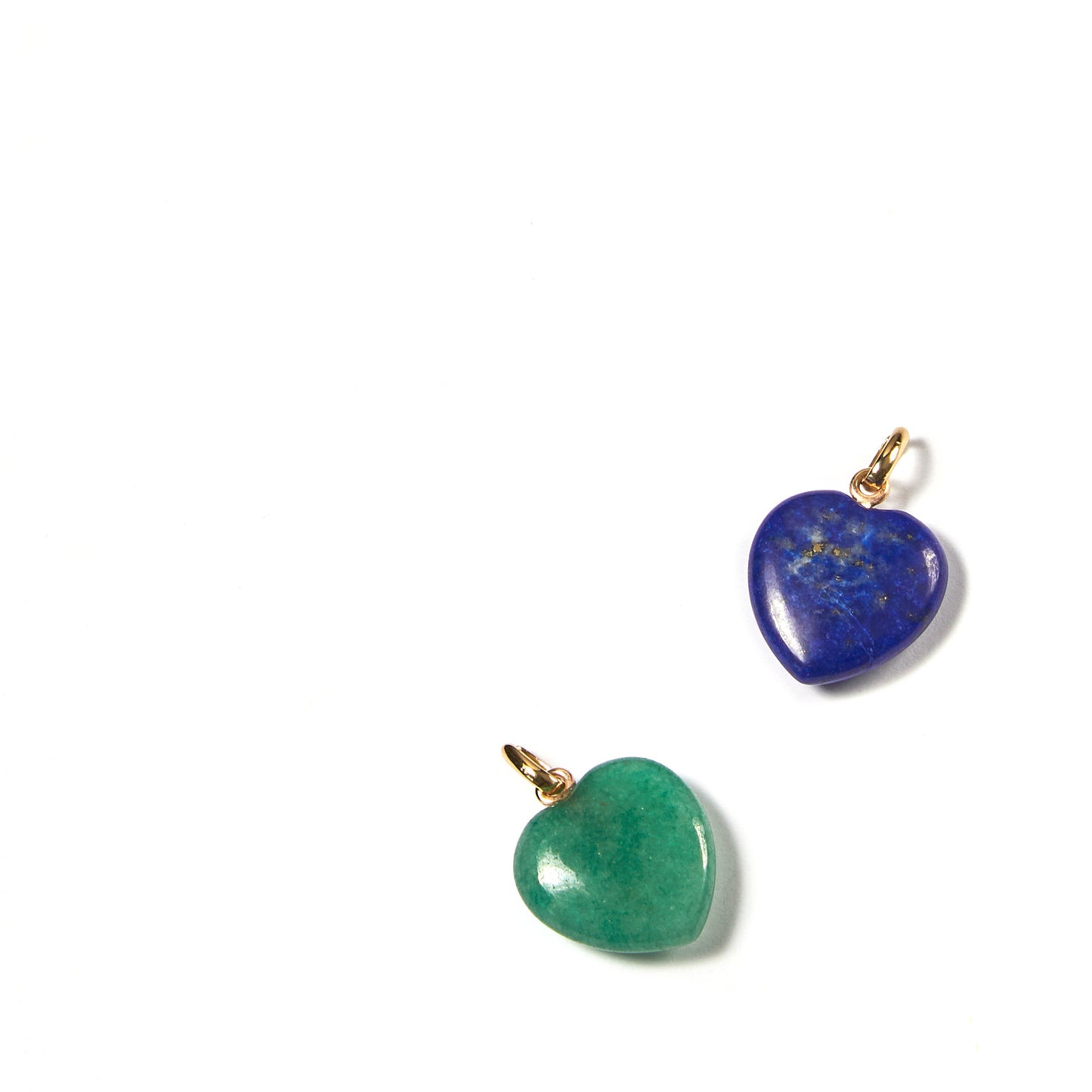 9ct gold heart gemstone pendants in green aventurine and lapis lazuli — Thor Collective Colour Your Summer Collection.