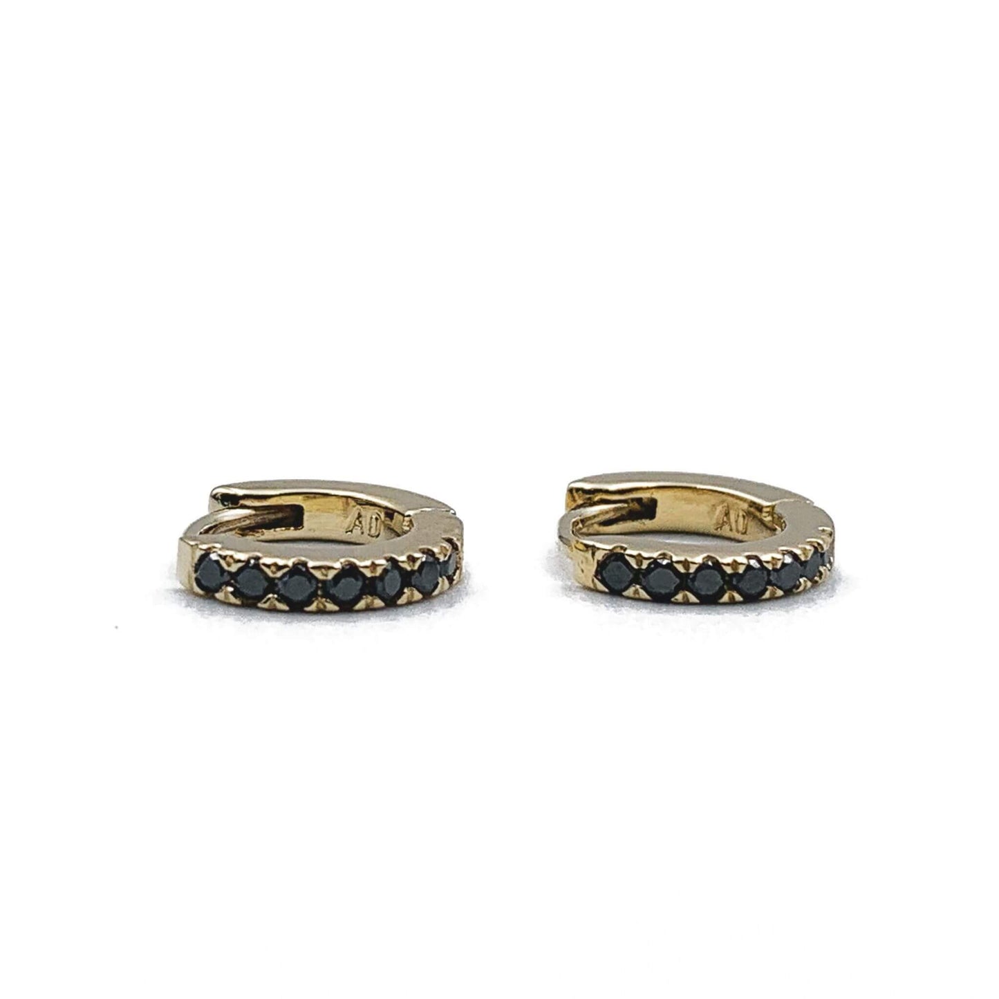 10mm black diamond, yellow gold huggie earrings
