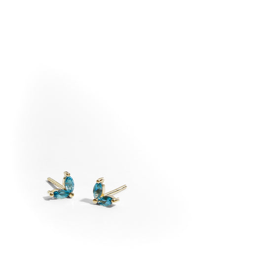 9ct yellow gold marquise stud earrings with two 4mm London blue topaz gemstones in V formation