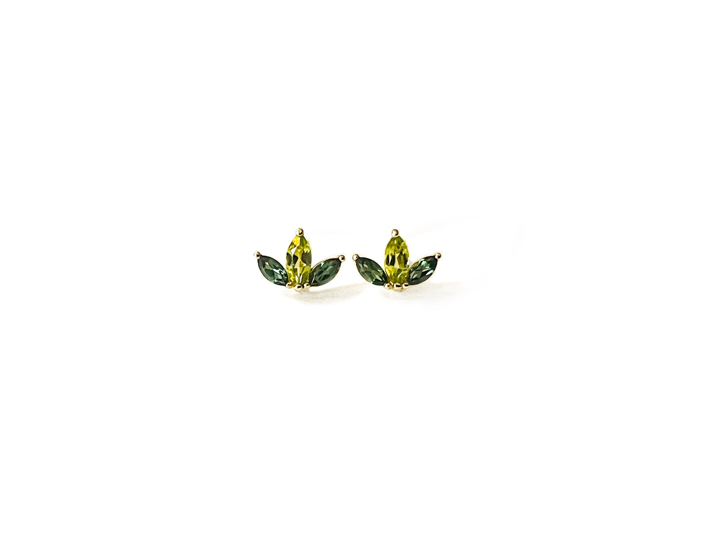 9ct yellow gold marquise gemstone trio stud earrings with green tourmaline and peridot in six-stone fan cluster