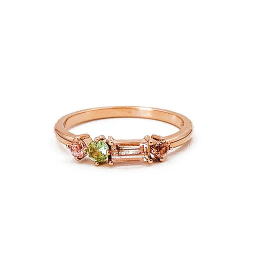 9ct rose gold Blush Ring with a peach tourmaline baguette, morganite and green tourmaline gemstones