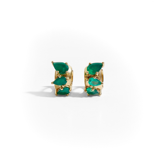 Pair of 9ct yellow gold huggie earrings set with six graduated pear-cut green onyx gemstones