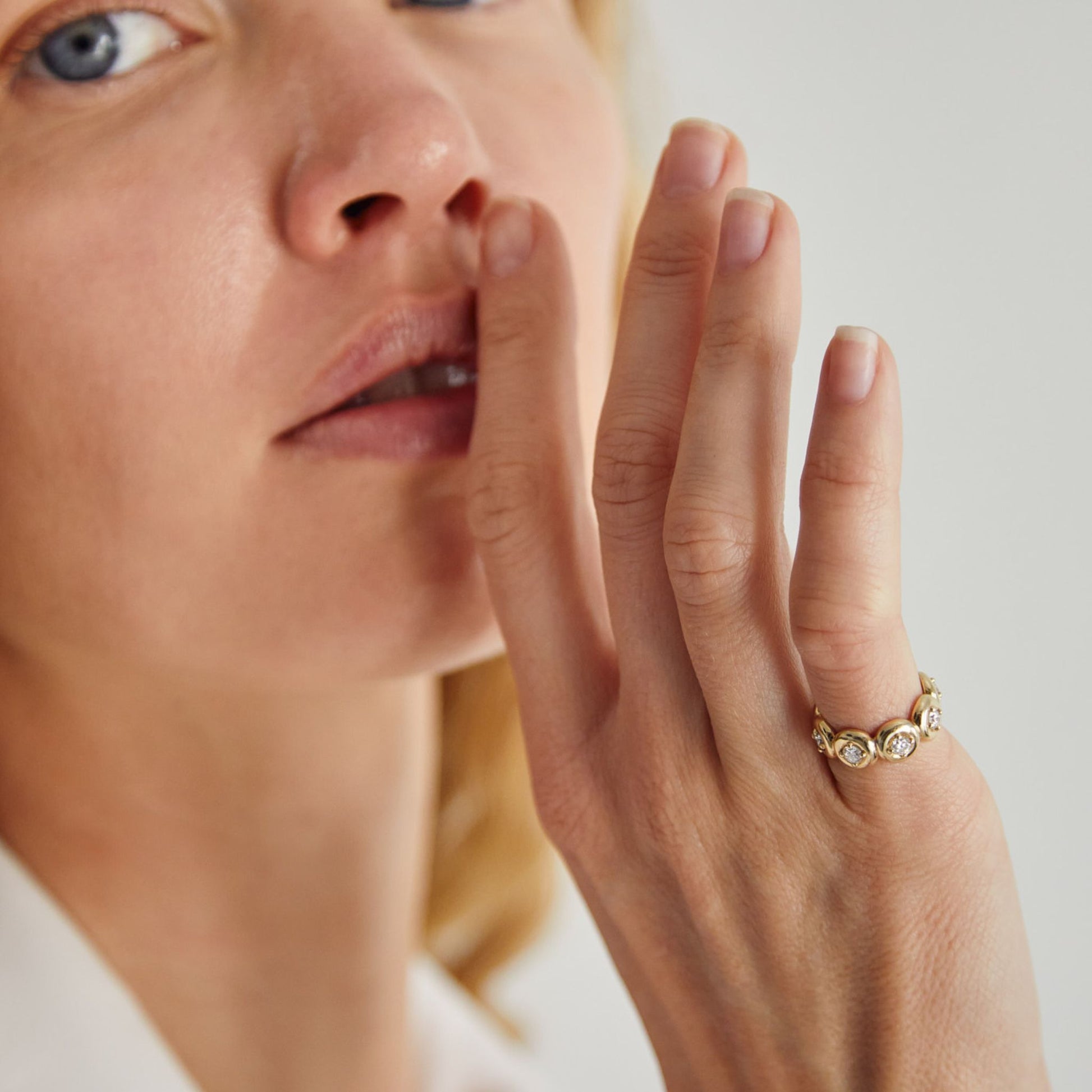 Lab grown diamond eternity ring styled as a pinky ring