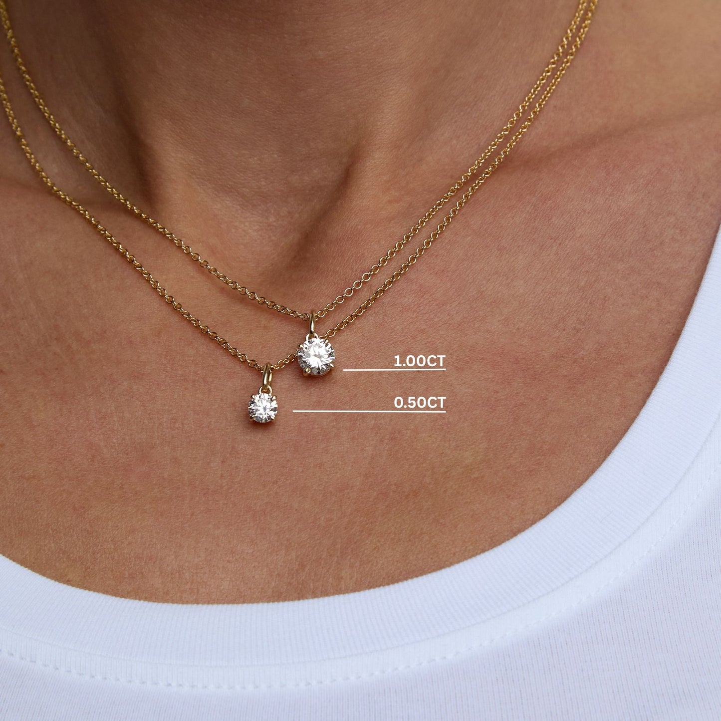 Round lab grown diamond pendant necklace layered in 9ct yellow gold with 0.50ct and 1.00ct pendants