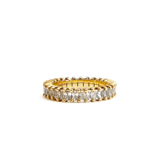 Yellow gold lab grown diamond baguette eternity ring on white background