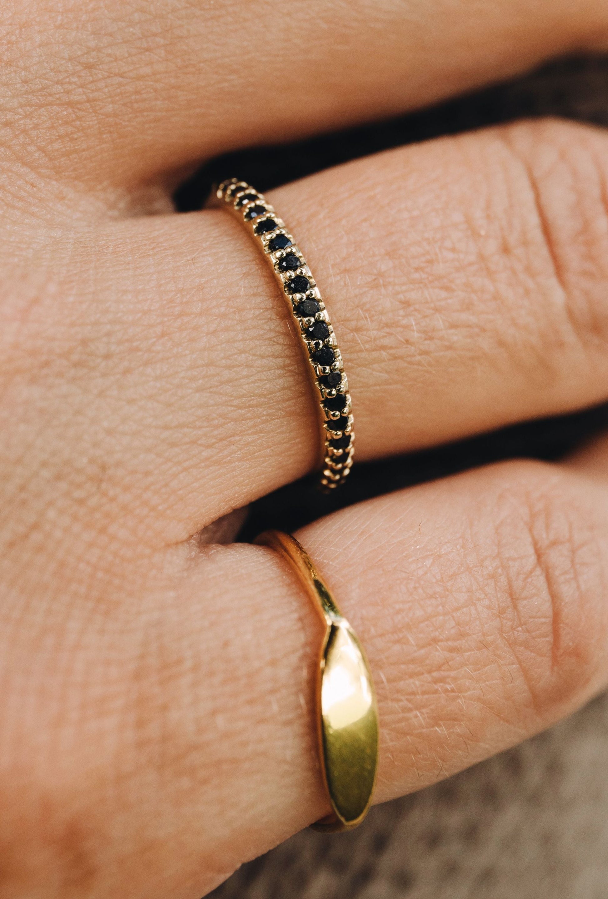9ct yellow gold signet ring and black diamond eternity ring