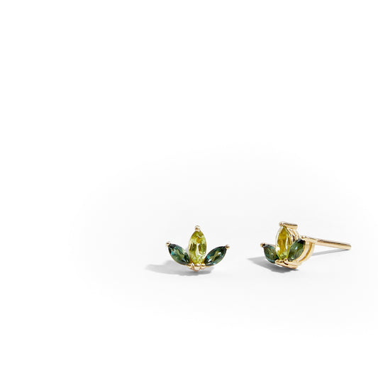 9ct yellow gold marquise cluster stud earrings with green tourmaline and peridot gemstones arranged in a fan shape