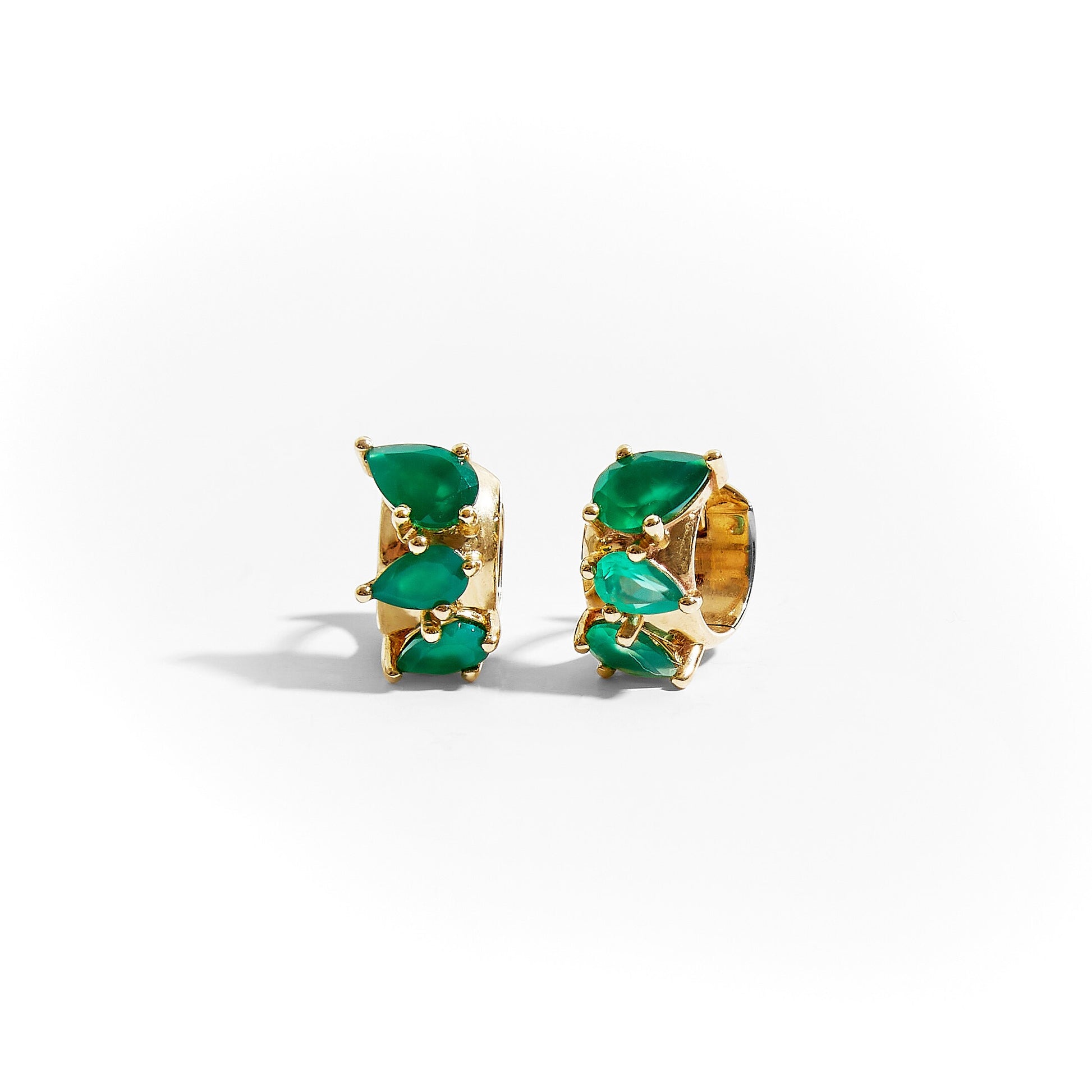 9ct yellow gold green onyx pear huggie earrings on white background