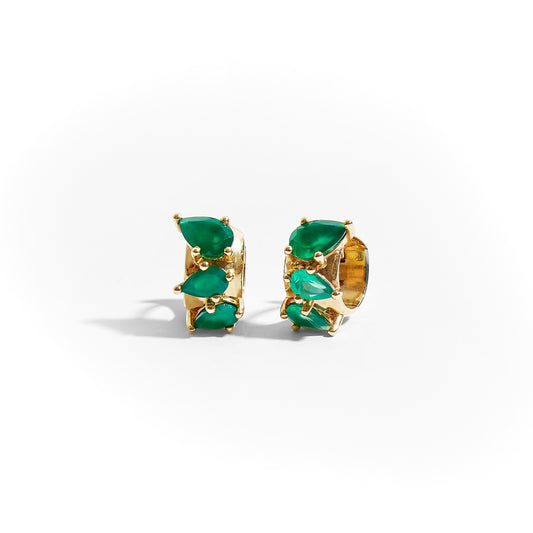 9ct yellow gold green onyx pear huggie earrings on white background