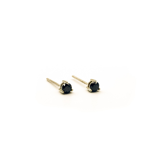 Pair of 9ct yellow gold stud earrings set with 3mm natural round black diamonds in three-claw settings